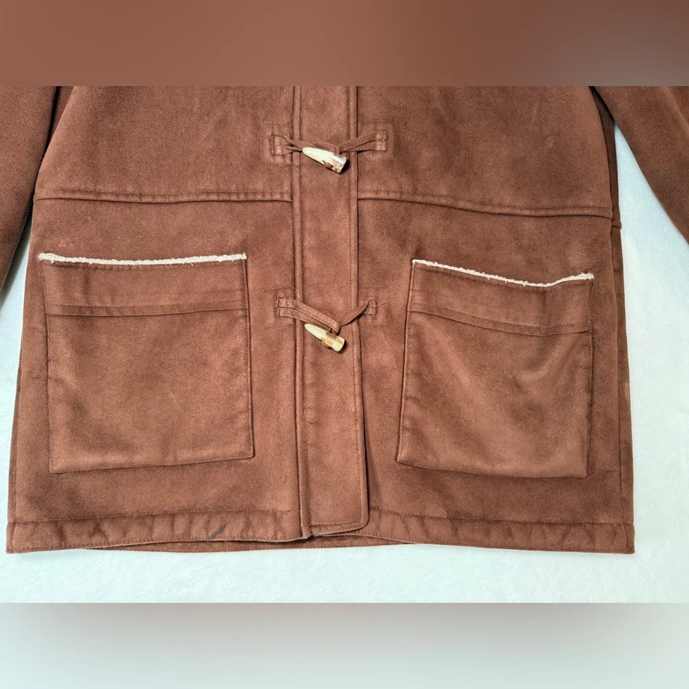 Ralph Lauren Duffle Coat Petite Medium Brown Faux Suede Sherpa Lined Hood Toggl